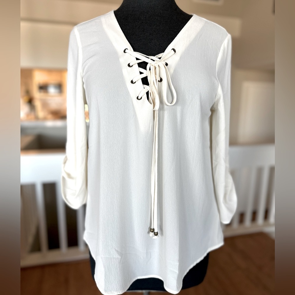 3/$30 ❤️ NWT Mine Ivory Off White Lace up boho blouse top tunic 3/4 sleeves Sz L - Picture 8 of 8